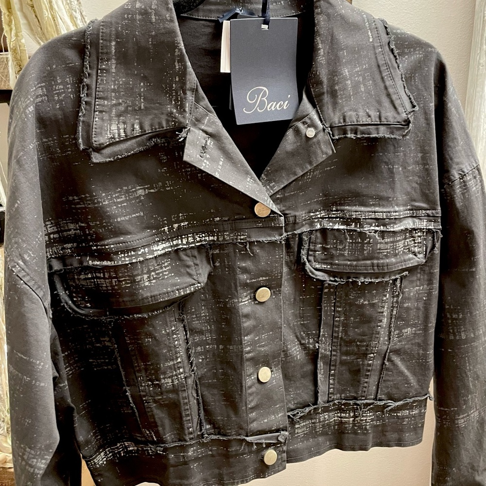 Baci (Italy) jacket with raw edges and metallic accents